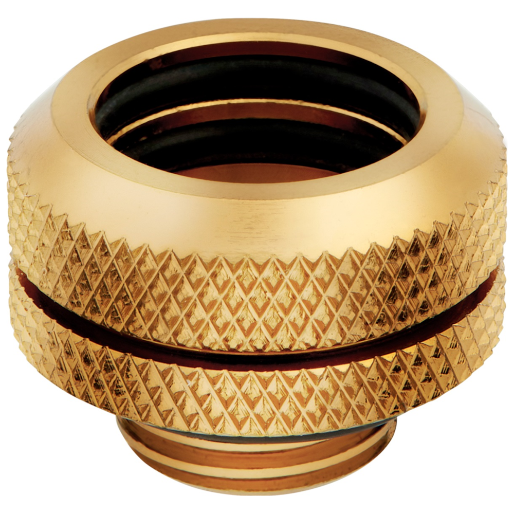A large main feature product image of Corsair Hydro X Series XF Hardline 14mm OD Fitting Four Pack — Gold