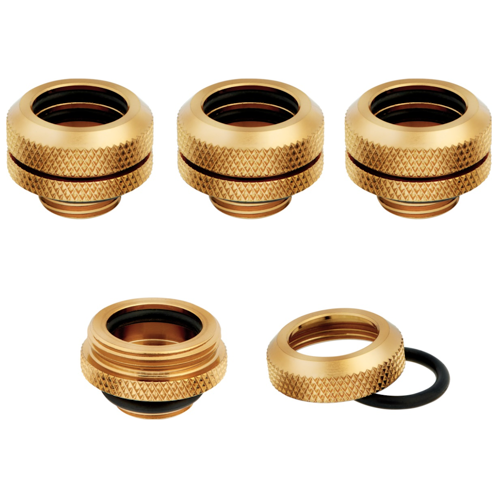 A large main feature product image of Corsair Hydro X Series XF Hardline 14mm OD Fitting Four Pack — Gold