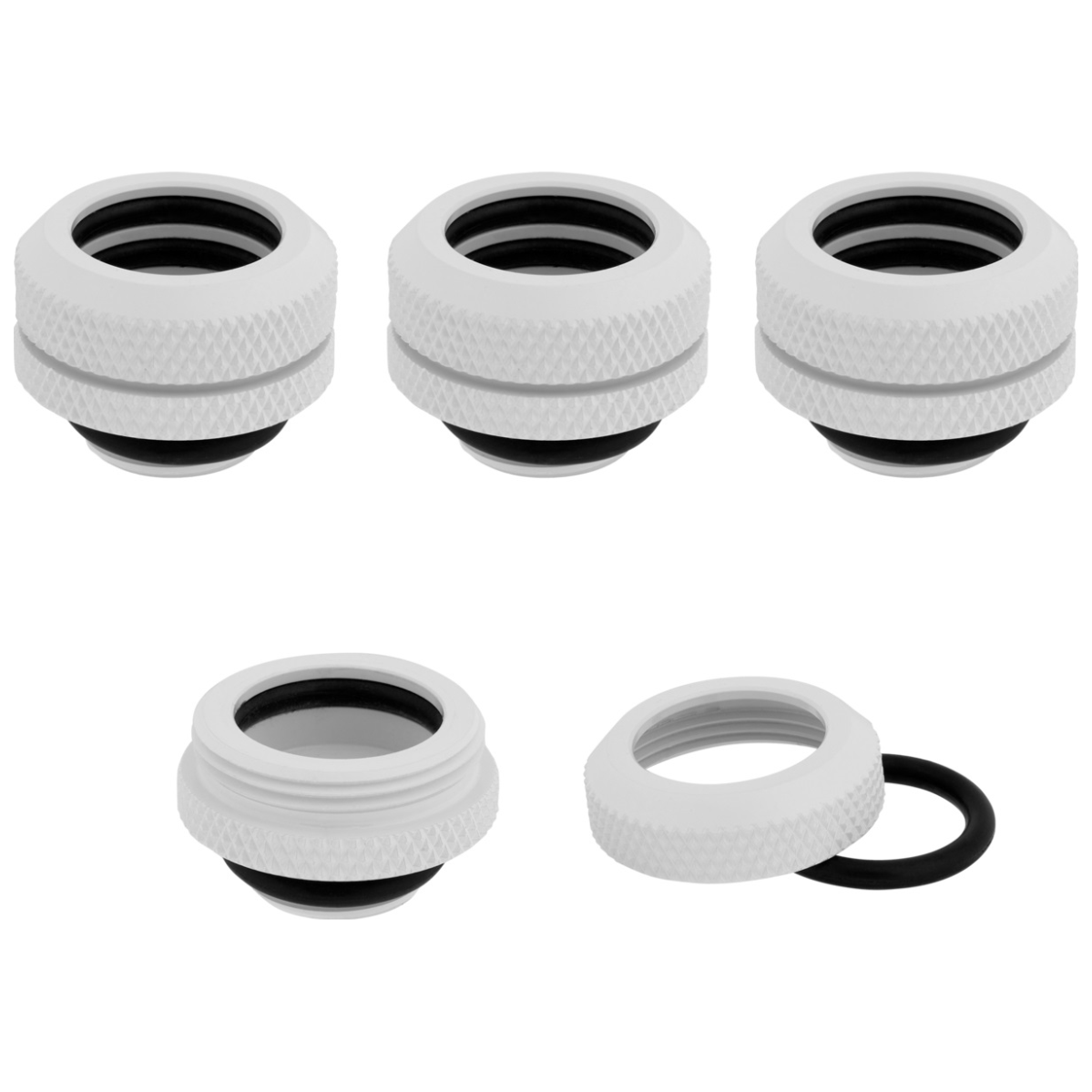 A large main feature product image of Corsair Hydro X Series XF Hardline 14mm OD Fitting Four Pack — White