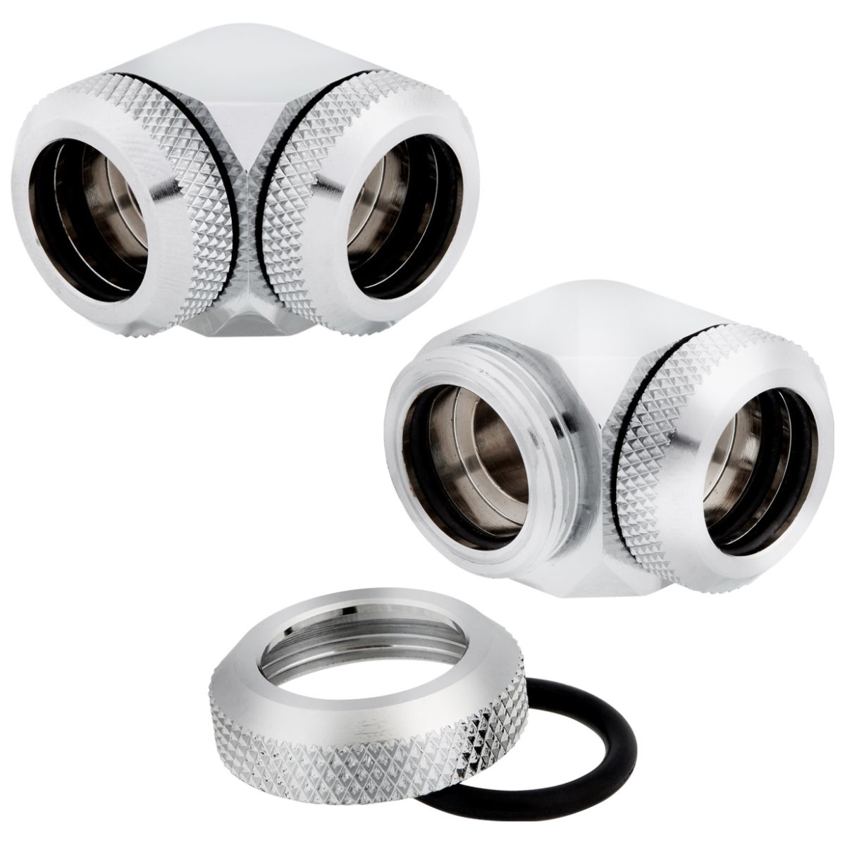 A large main feature product image of Corsair Hydro X Series XF Hardline 90° 14mm OD Fitting Twin Pack — Chrome