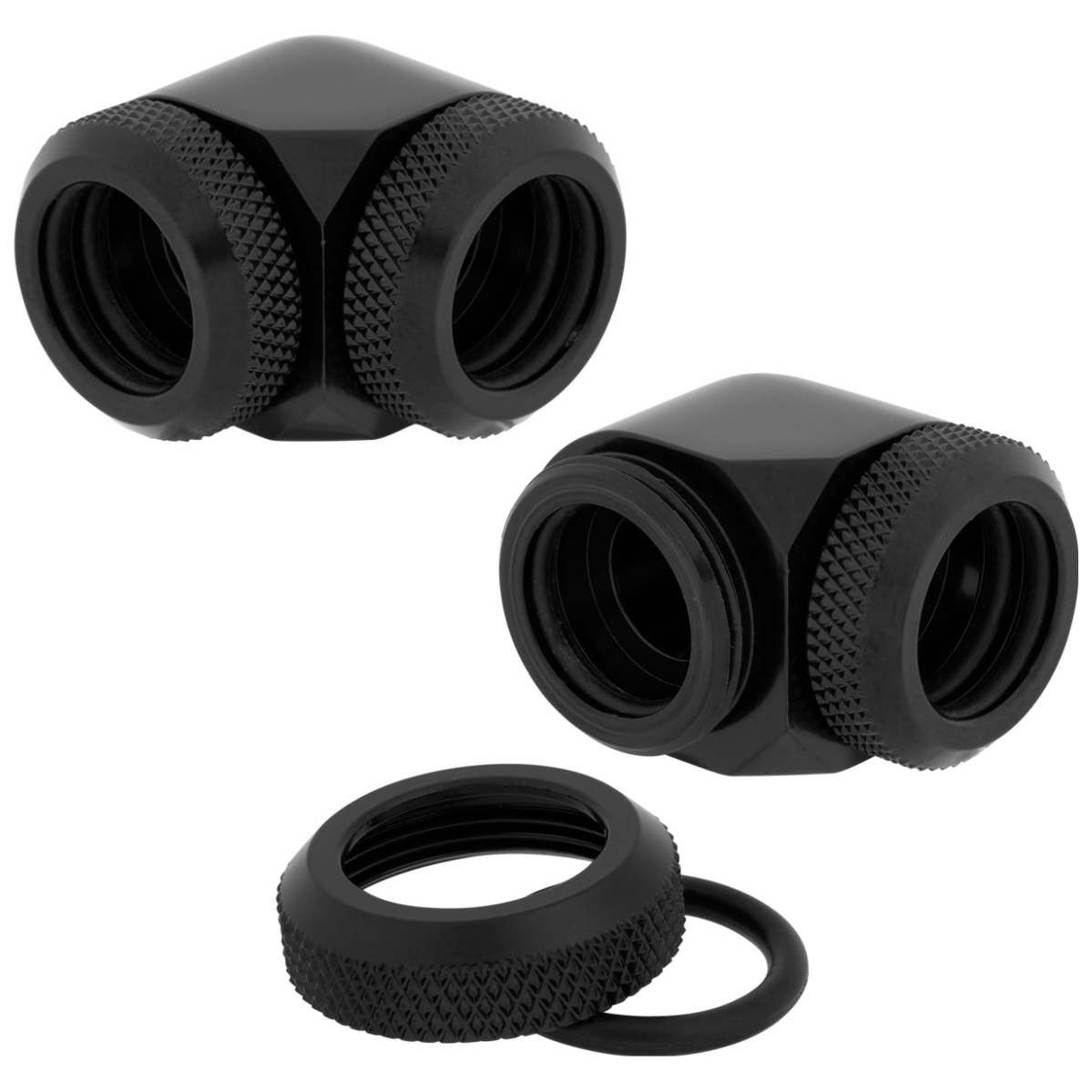 A large main feature product image of Corsair Hydro X Series XF Hardline 90° 14mm OD Fitting Twin Pack — Black