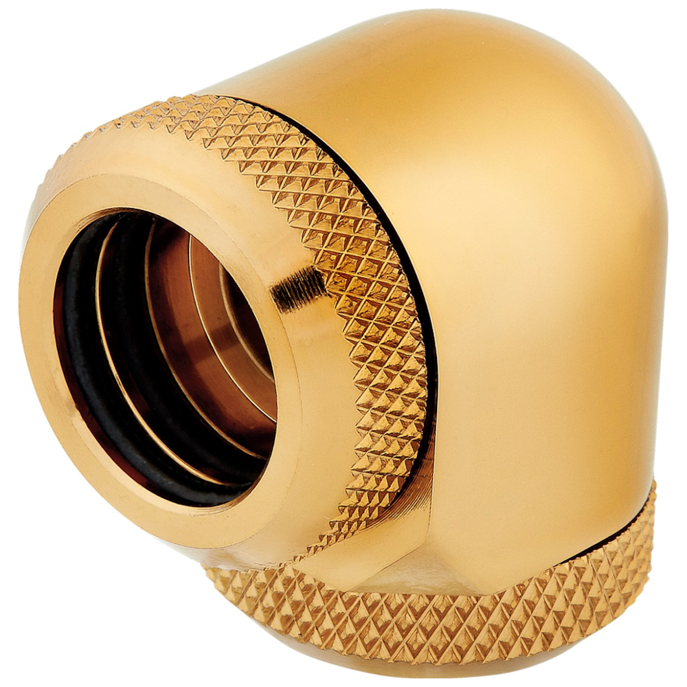 A large main feature product image of Corsair Hydro X Series XF Hardline 90° 14mm OD Fitting Twin Pack — Gold