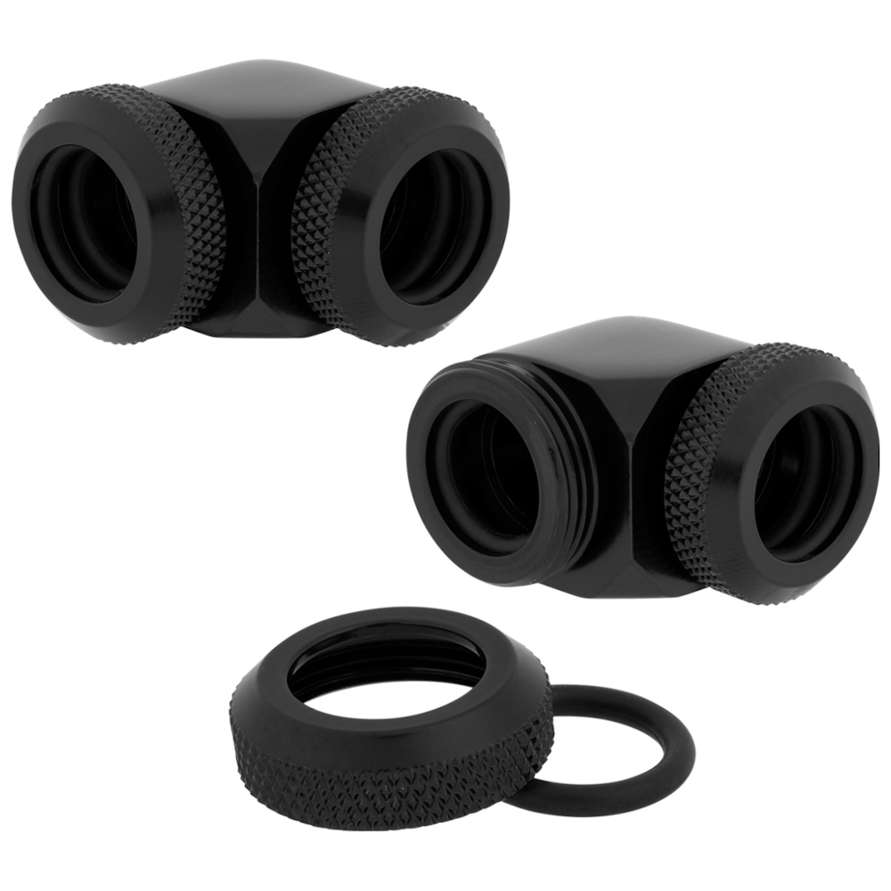 A large main feature product image of Corsair Hydro X Series XF Hardline 90° 12mm OD Fitting Twin Pack — Black