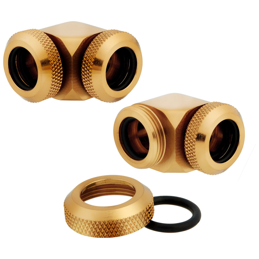 A large main feature product image of Corsair Hydro X Series XF Hardline 90° 12mm OD Fitting Twin Pack — Gold