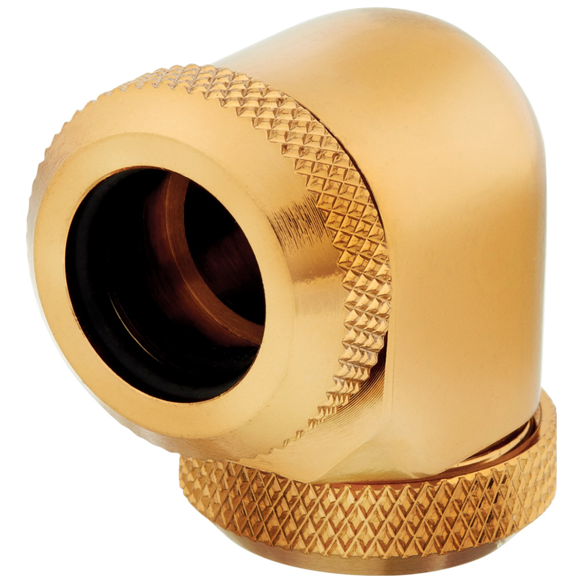 A large main feature product image of Corsair Hydro X Series XF Hardline 90° 12mm OD Fitting Twin Pack — Gold