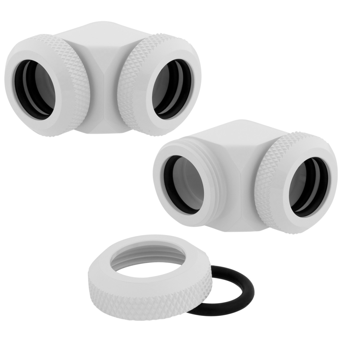 A large main feature product image of Corsair Hydro X Series XF Hardline 90° 12mm OD Fitting Twin Pack — White