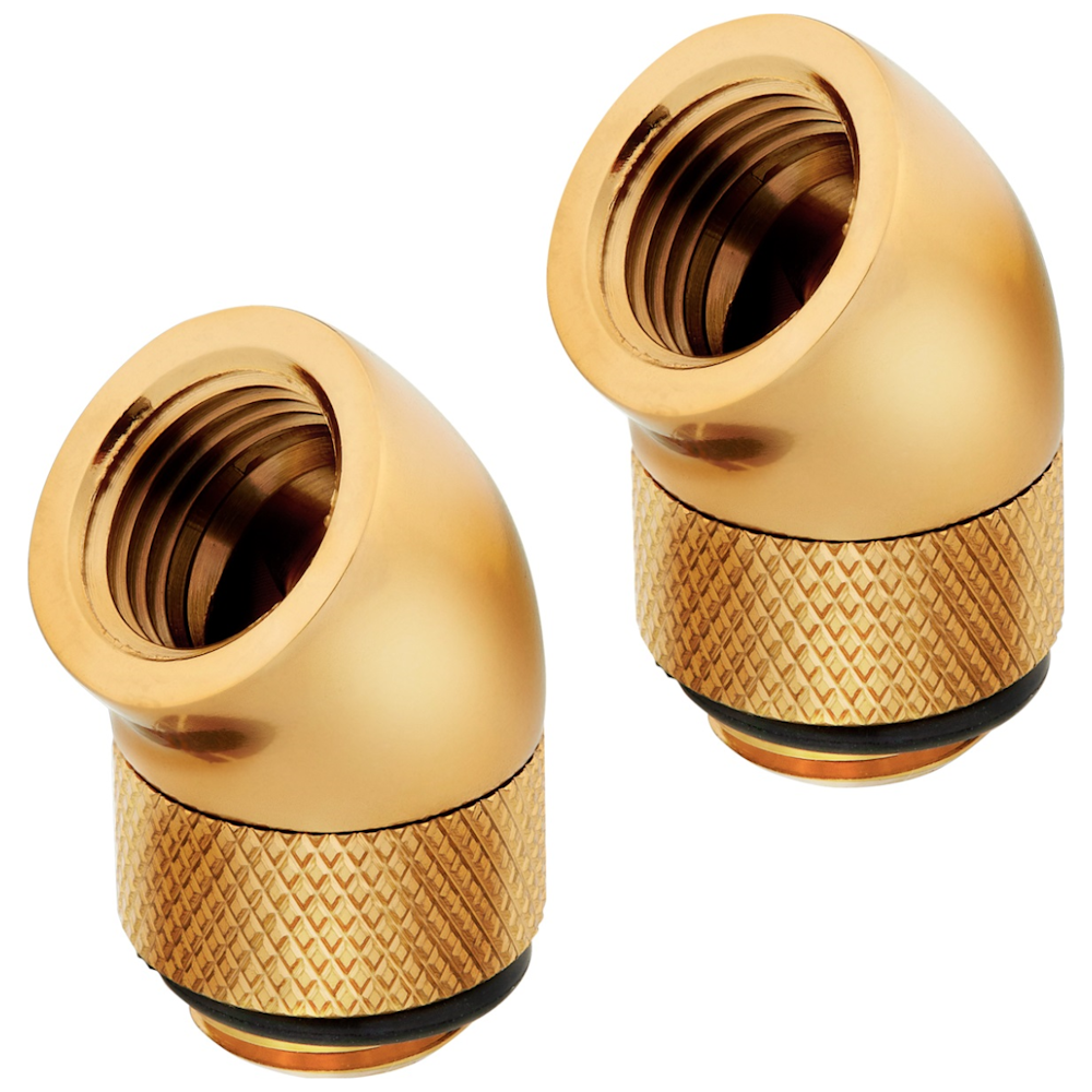 A large main feature product image of Corsair Hydro X Series 45° Rotary Adapter Twin Pack — Gold