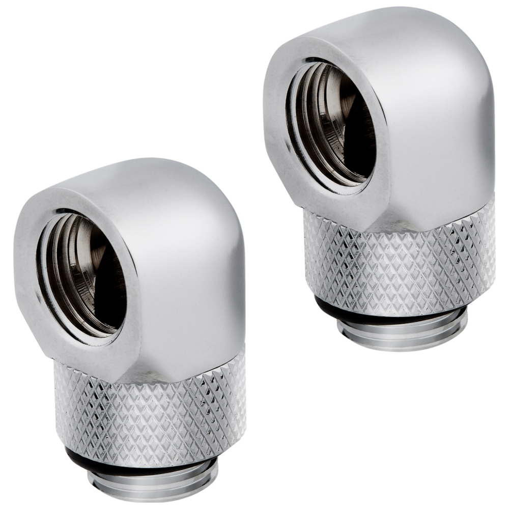 A large main feature product image of Corsair Hydro X Series 90° Rotary Adapter Twin Pack — Chrome