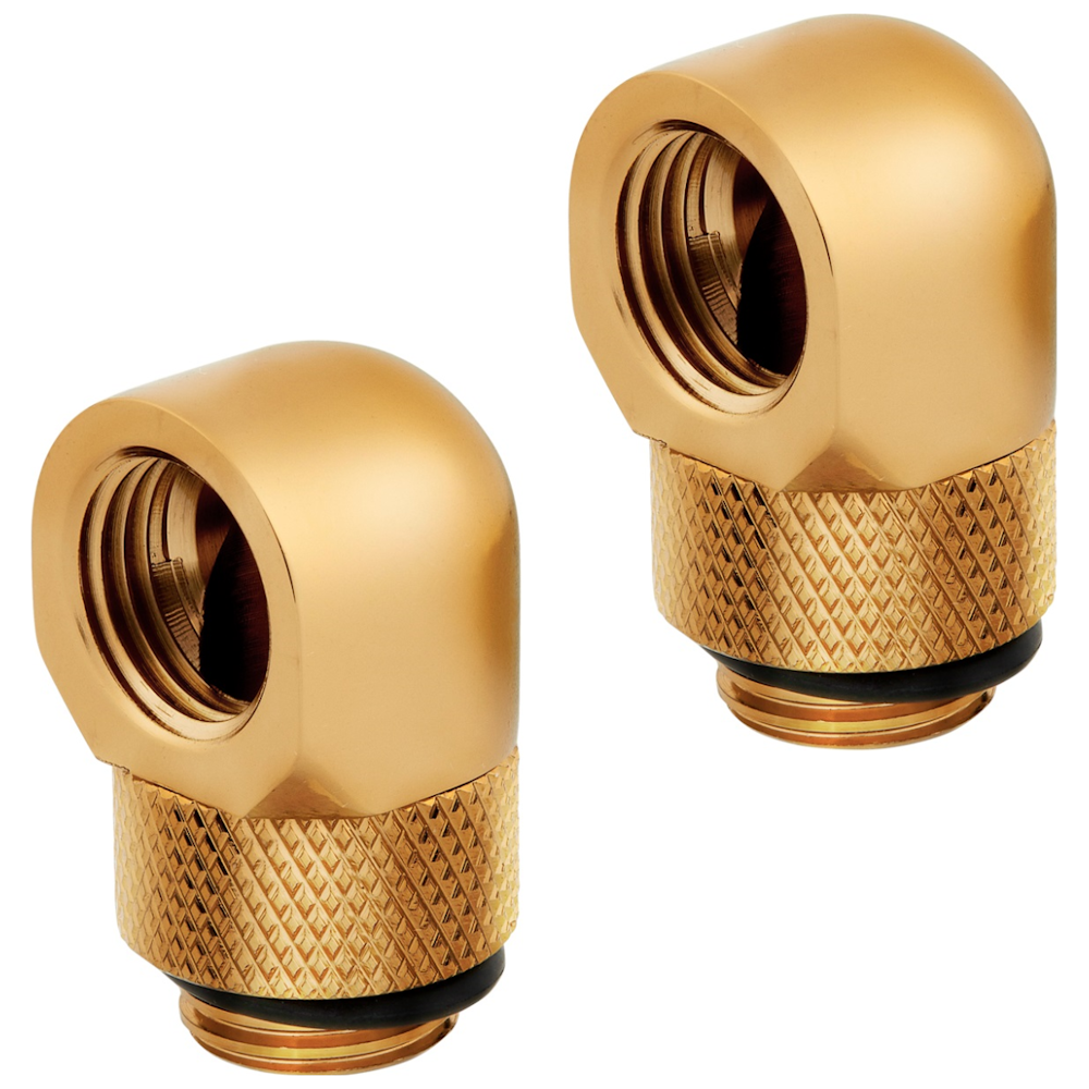 A large main feature product image of Corsair Hydro X Series 90° Rotary Adapter Twin Pack — Gold