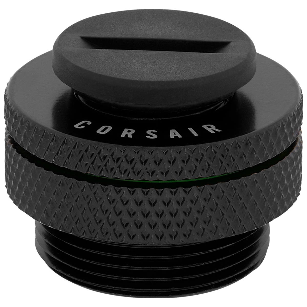 A large main feature product image of Corsair Hydro X Series XF Fill Port — Black