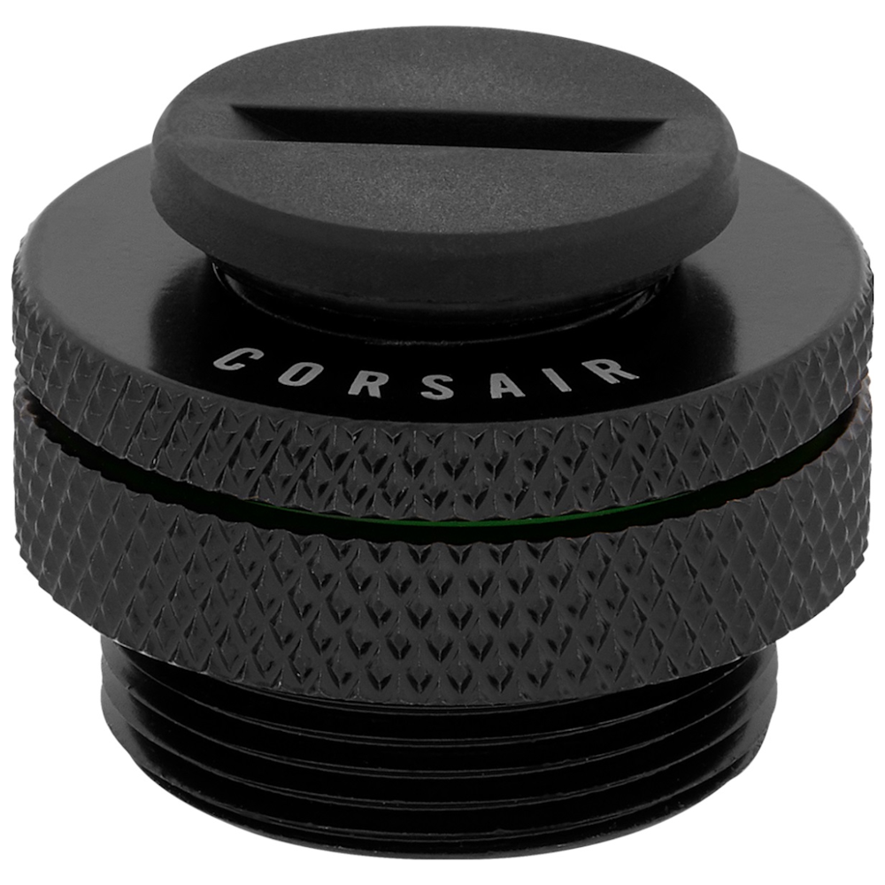 A large main feature product image of Corsair Hydro X Series XF Fill Port — Black