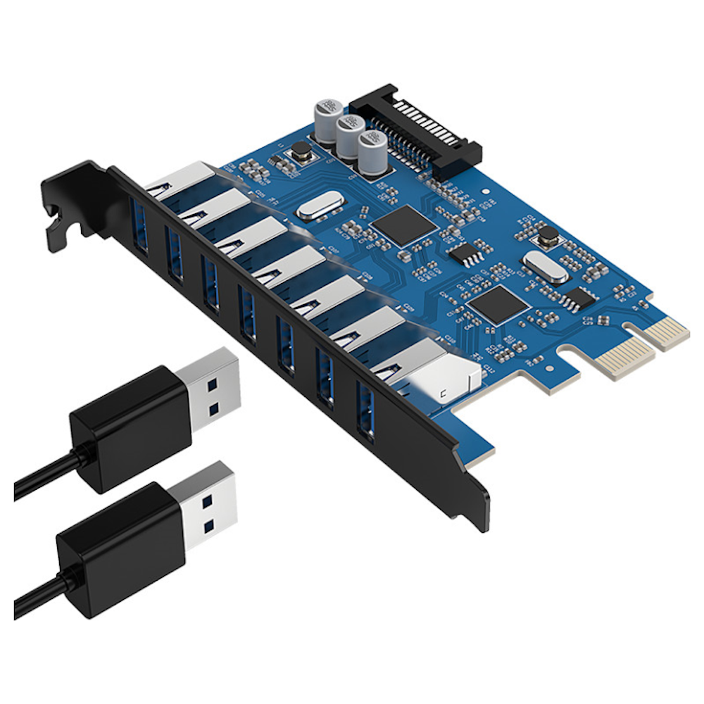 A large main feature product image of ORICO USB3.0 7 Port PCIe Expansion Card