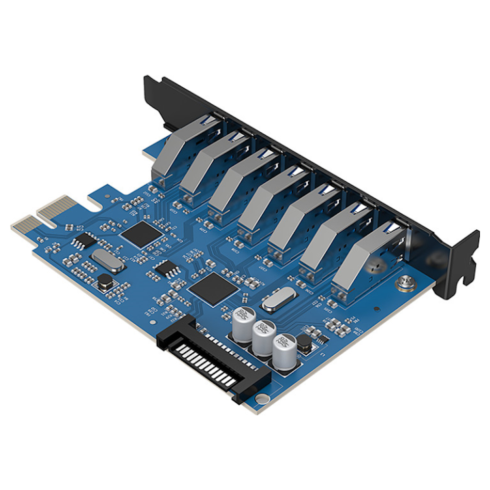 A large main feature product image of ORICO USB3.0 7 Port PCIe Expansion Card