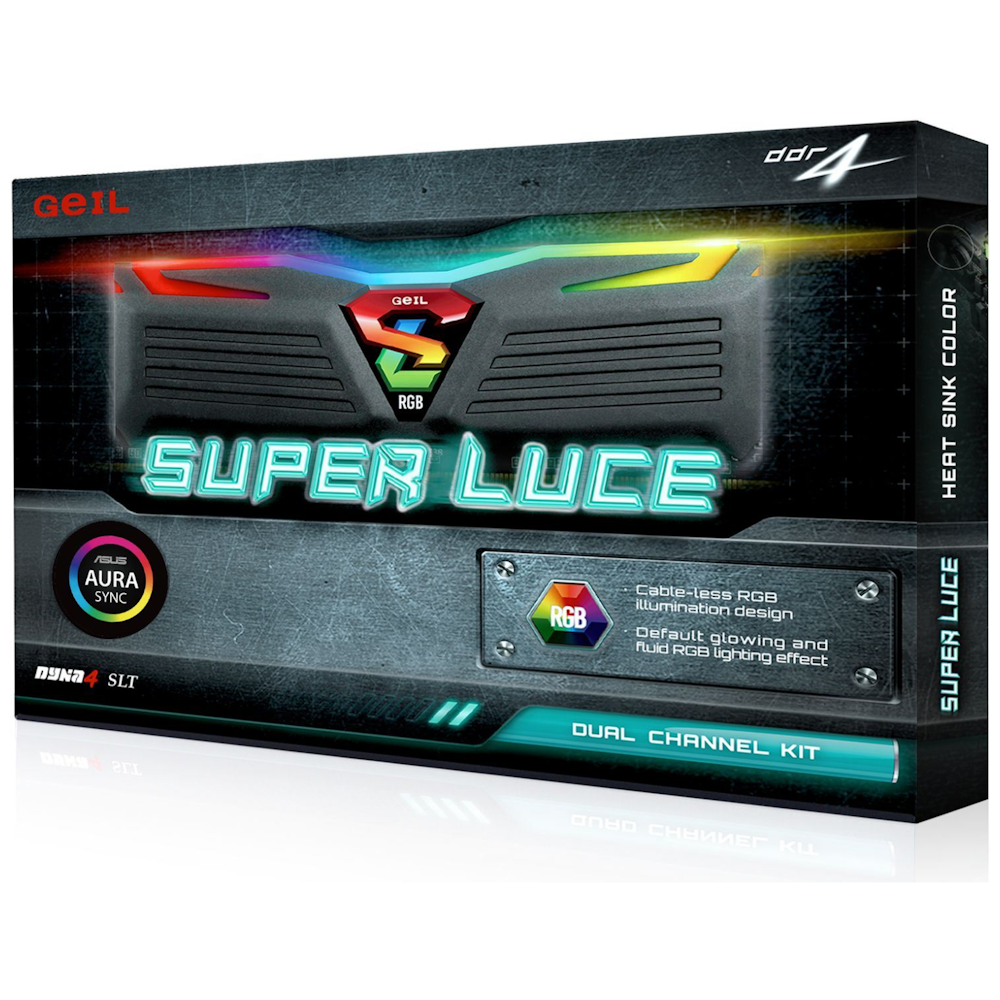 A large main feature product image of GeIL 16GB Kit (2x8GB) DDR4 SUPER LUCE RGB SYNC C19 2666MHz