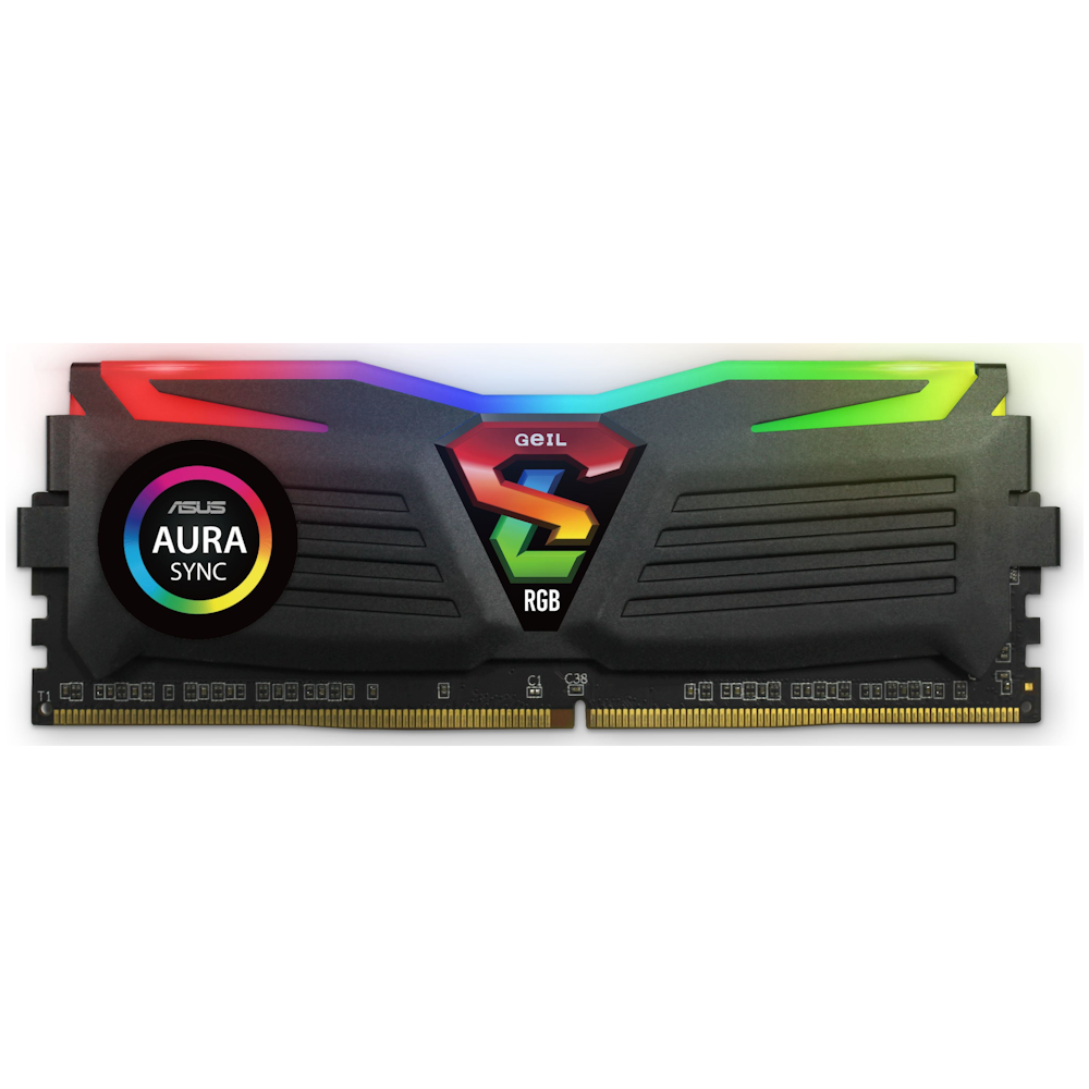 A large main feature product image of GeIL 16GB Kit (2x8GB) DDR4 SUPER LUCE RGB SYNC C19 2666MHz