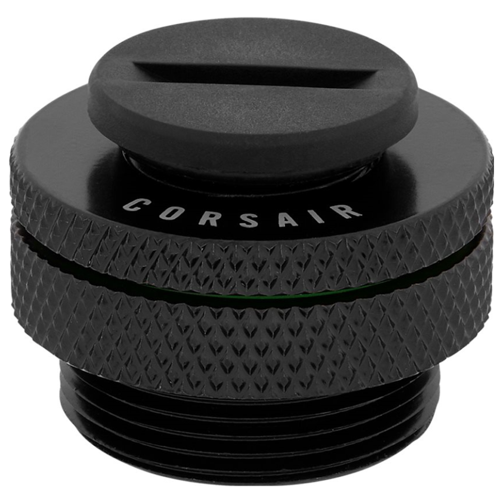 A large main feature product image of Corsair Hydro X Series XF Fill Port — Black
