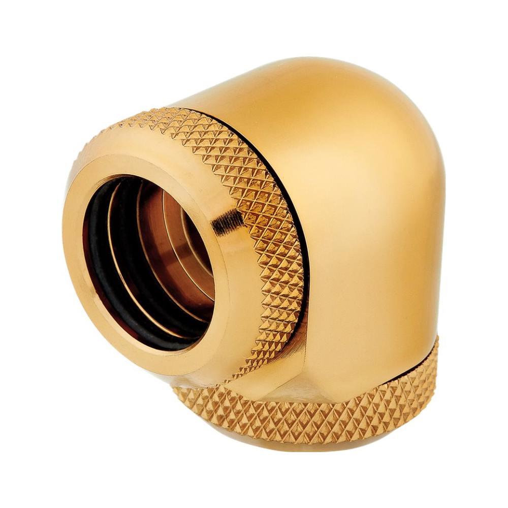 A large main feature product image of Corsair Hydro X Series XF Hardline 90° 14mm OD Fitting Twin Pack — Gold