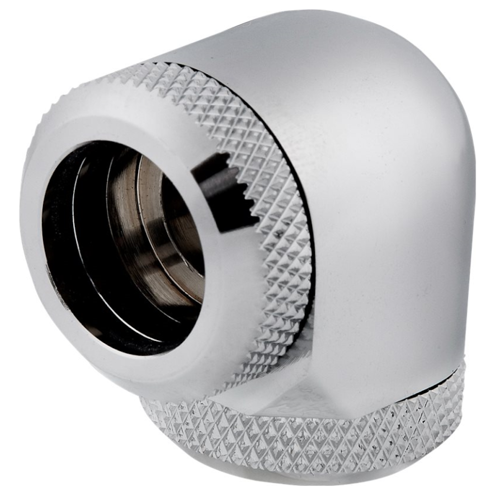 A large main feature product image of Corsair Hydro X Series XF Hardline 90° 14mm OD Fitting Twin Pack — Chrome