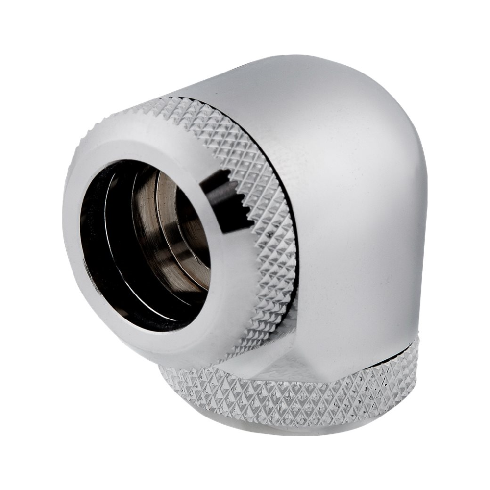 A large main feature product image of Corsair Hydro X Series XF Hardline 90° 14mm OD Fitting Twin Pack — Chrome