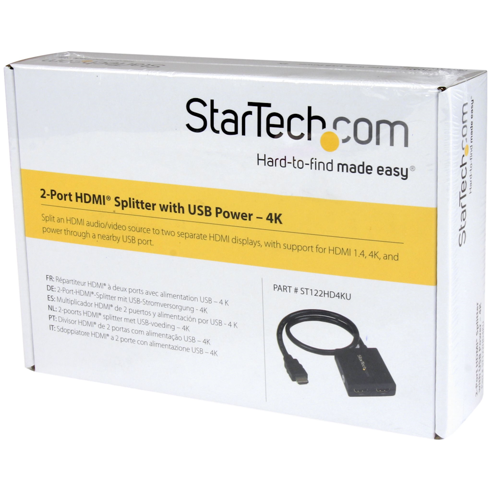 A large main feature product image of Startech HDMI 2 Port 4K Video Splitter with USB or Power Adapter