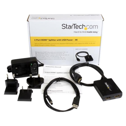 A large main feature product image of Startech HDMI 2 Port 4K Video Splitter with USB or Power Adapter