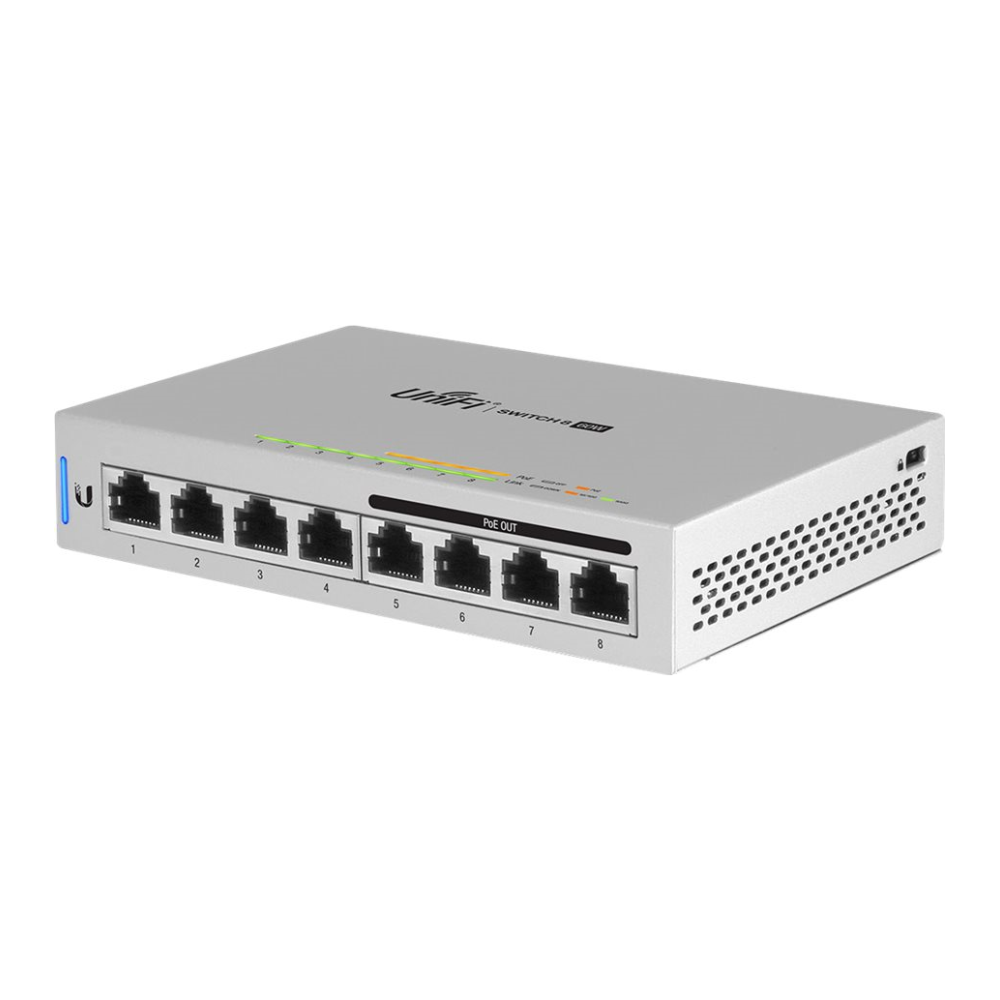 A large main feature product image of Ubiquiti UniFi Switch 8 Port 60W PoE Support
