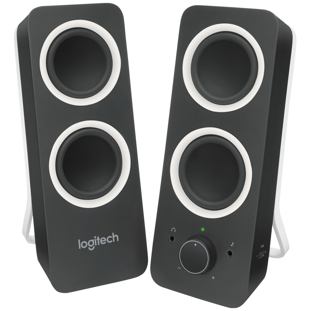 A large main feature product image of Logitech Z200 Multimedia Speakers - Midnight Black