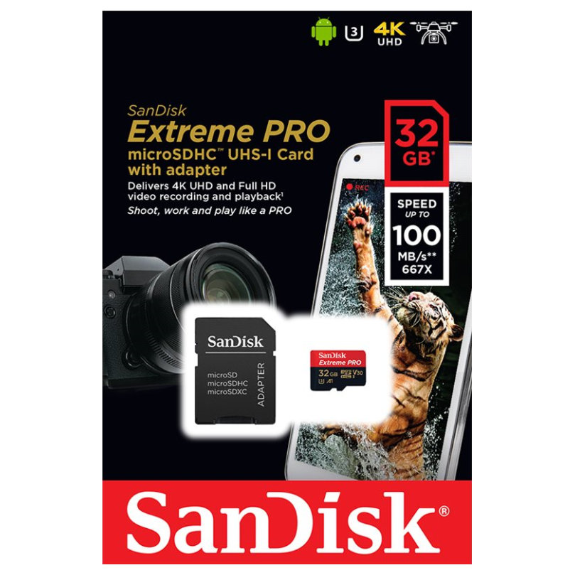 A large main feature product image of SanDisk Extreme PRO 32GB microSDXC U3 V30 A2 UHS-I microSD Card
