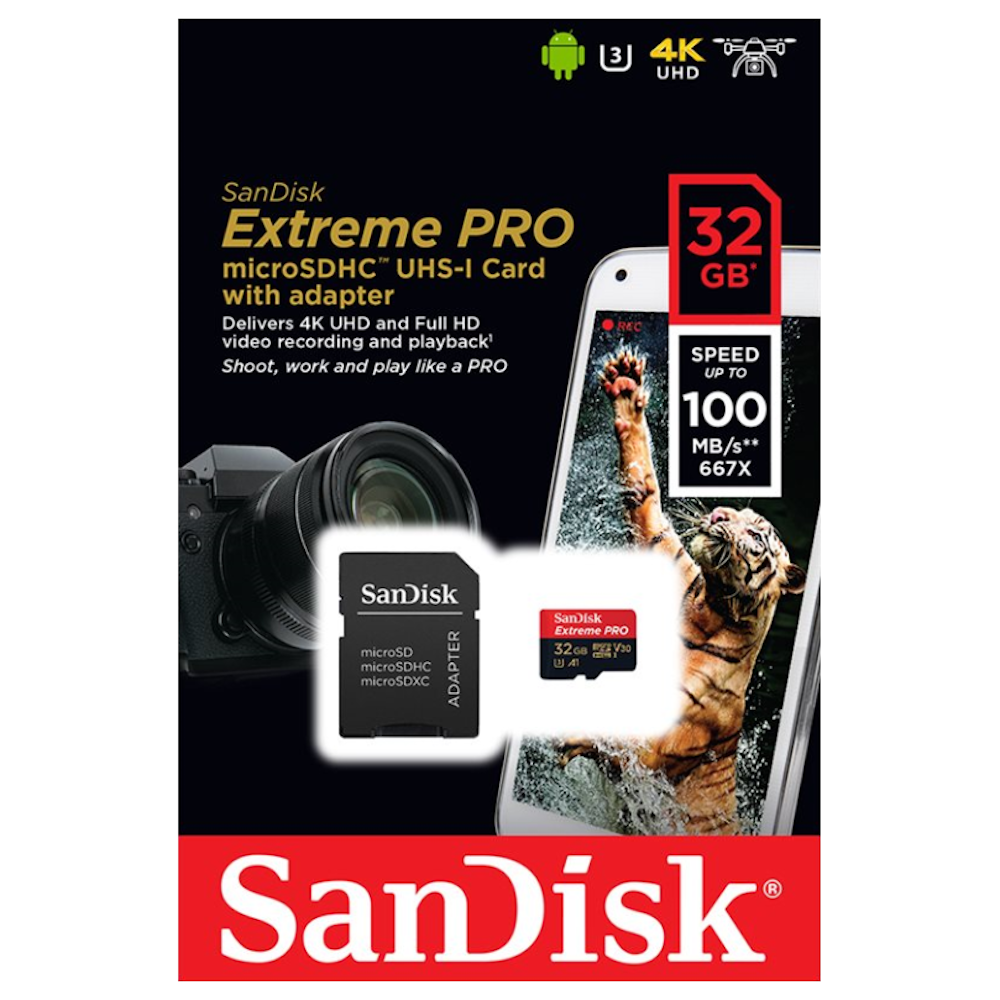 A large main feature product image of SanDisk Extreme Pro 32GB U3 UHS-I Class 10 microSDHC Card w/SD Adapter