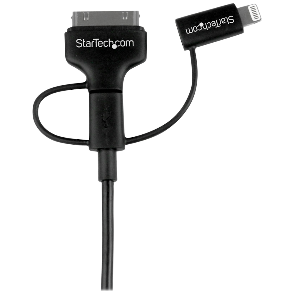 A large main feature product image of Startech 3ft Lightning / 30-pin Dock / Micro-USB to USB Cable - Black