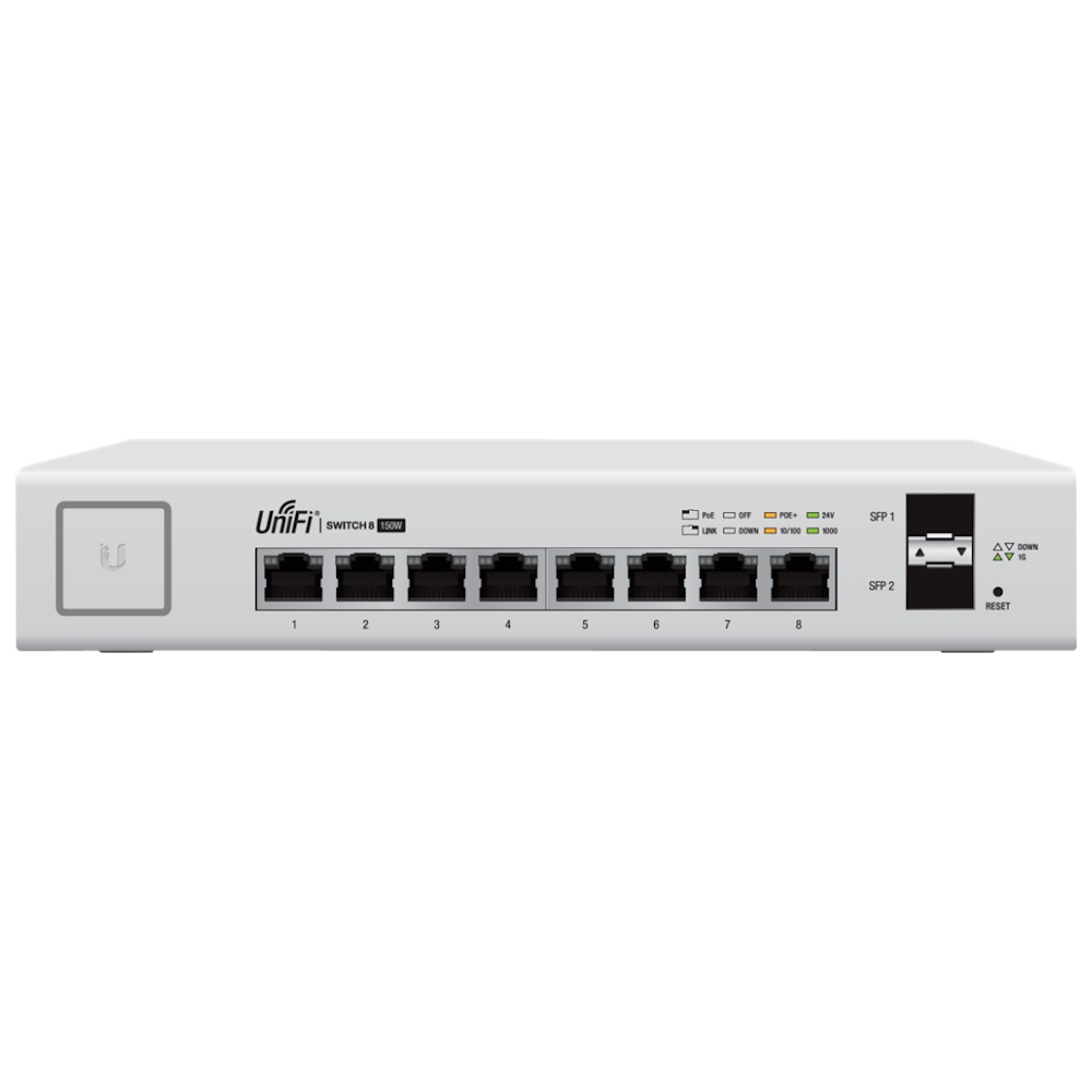 A large main feature product image of Ubiquiti UniFi Switch 8 Port 150W PoE+ Support