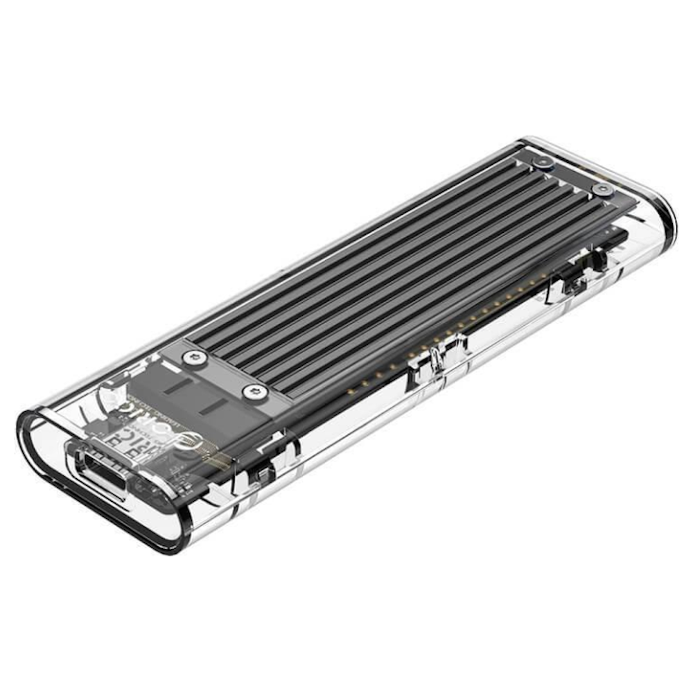 A large main feature product image of ORICO Clear M.2 NVMe Type-C USB 3.1 SSD Enclosure - Black