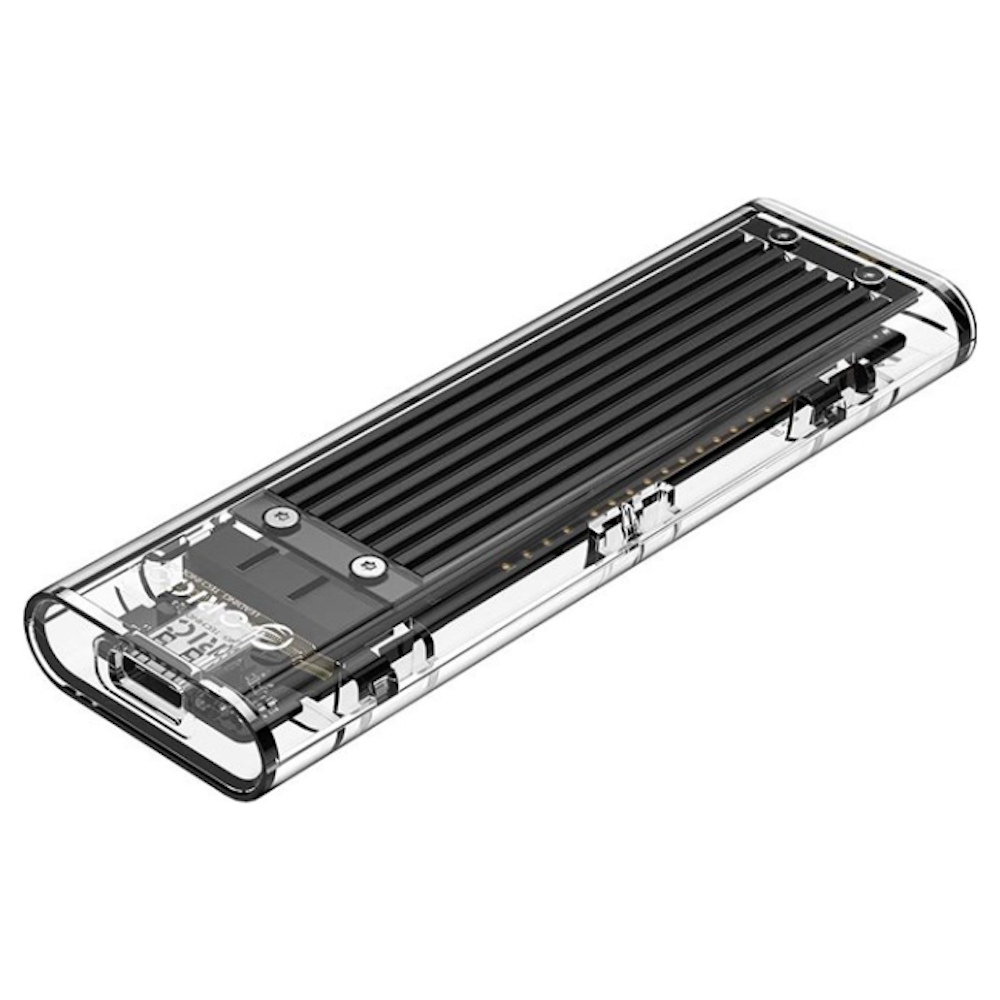 A large main feature product image of ORICO Clear M.2 NVMe Type-C USB 3.1 SSD Enclosure - Black