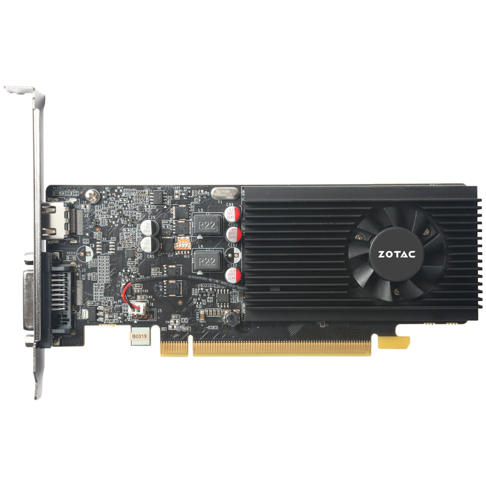 A large main feature product image of ZOTAC GeForce GT 1030 2GB GDDR5