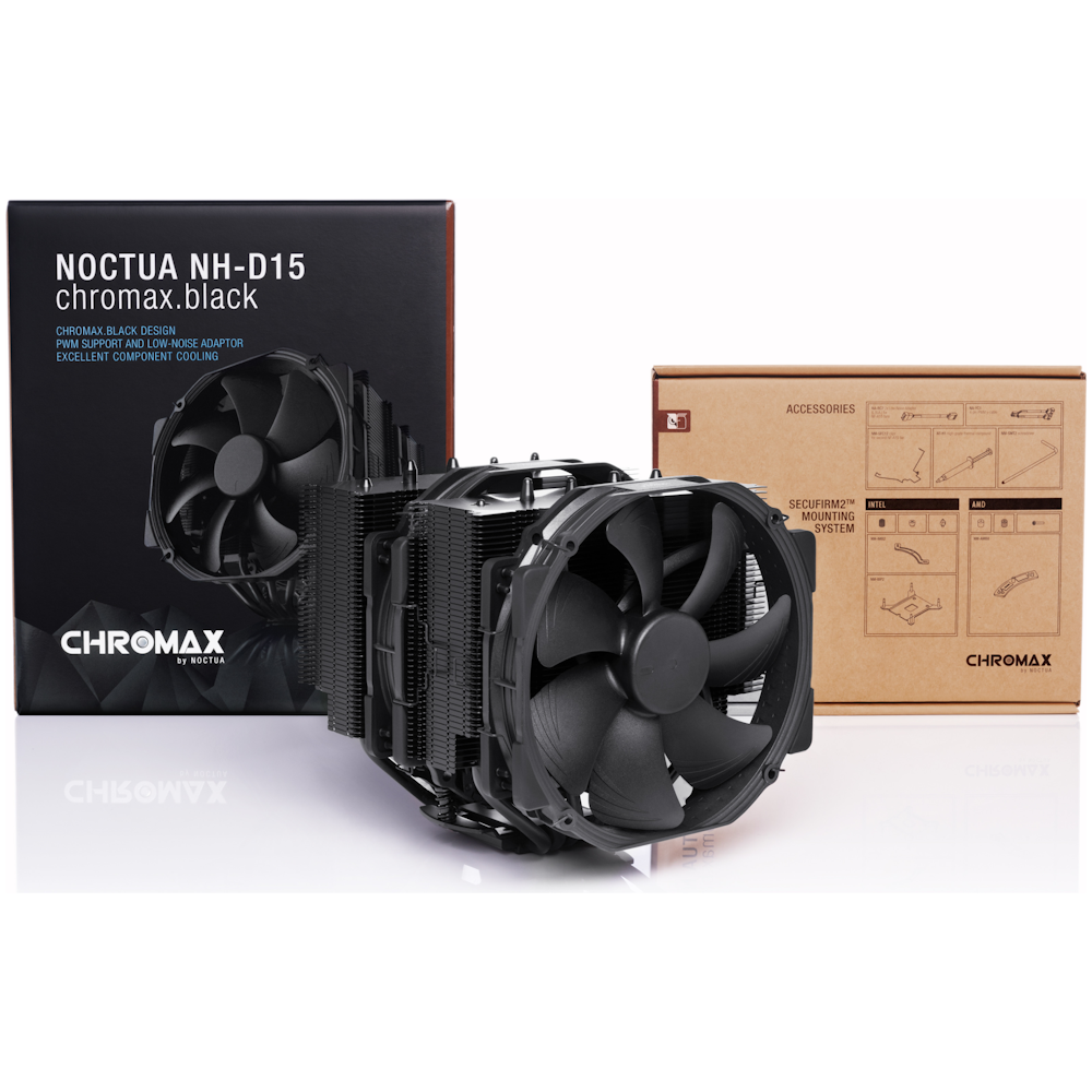 A large main feature product image of Noctua NH-D15 Chromax Black - Multi-Socket PWM CPU Cooler