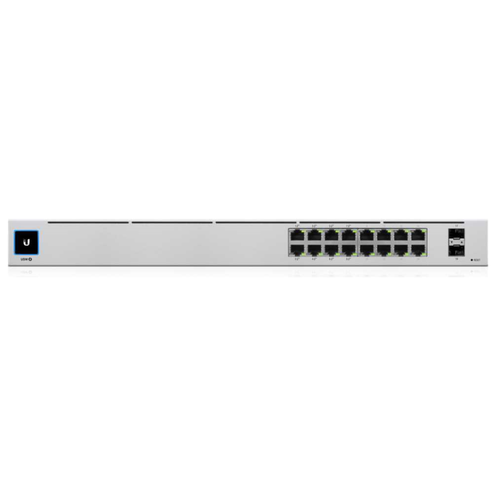 A large main feature product image of Ubiquiti UniFi Gen2 16 Port POE Switch