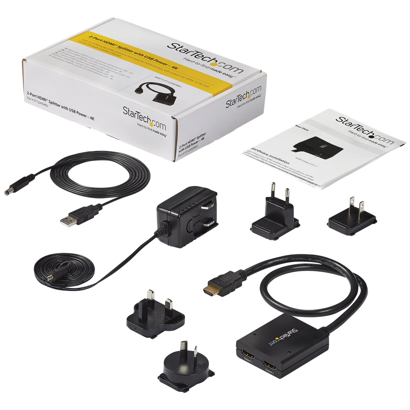 A large main feature product image of Startech HDMI 2 Port 4K Video Splitter with USB or Power Adapter
