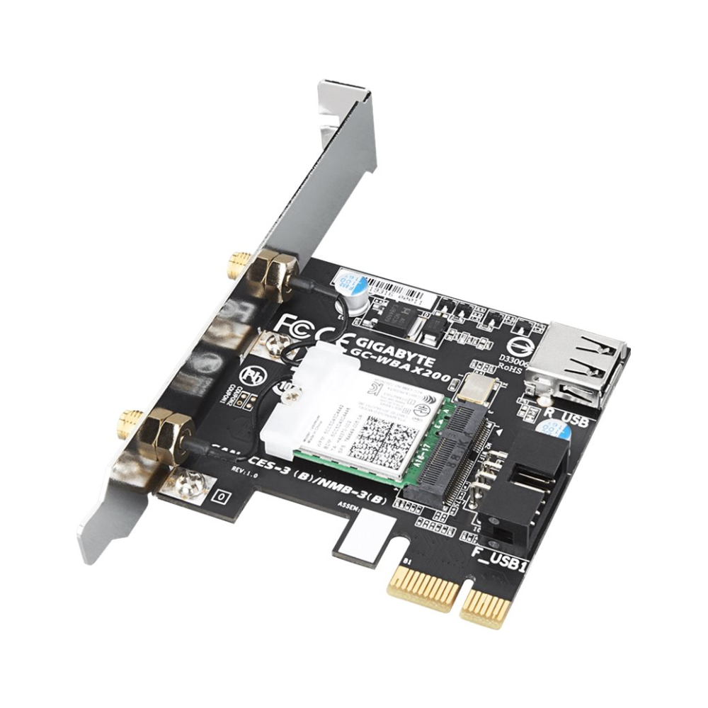 A large main feature product image of Gigabyte Dual Band AX2400 MU-MIMO Wireless PCIe Adapter