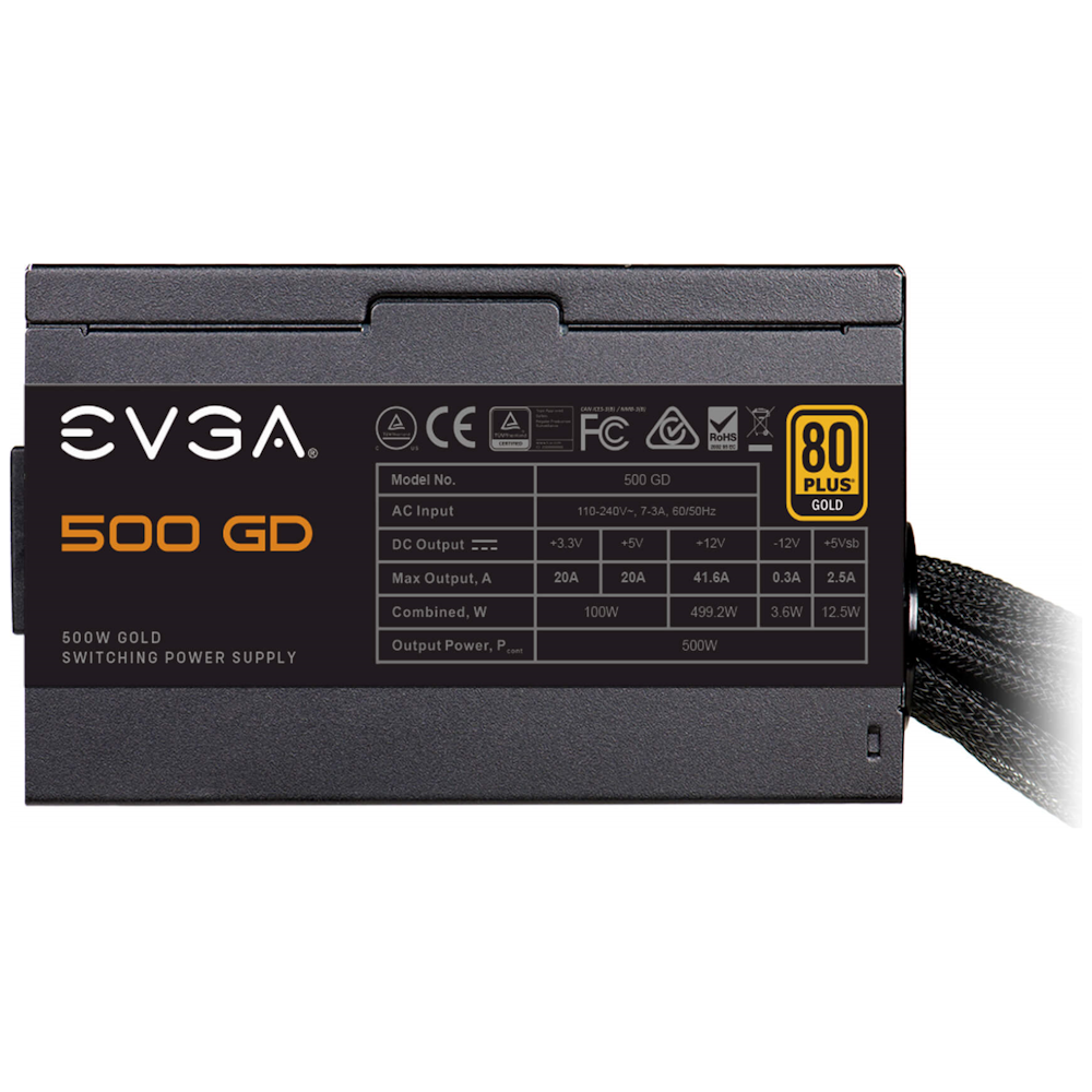 A large main feature product image of EVGA GD Series 500W 80PLUS Gold Power Supply