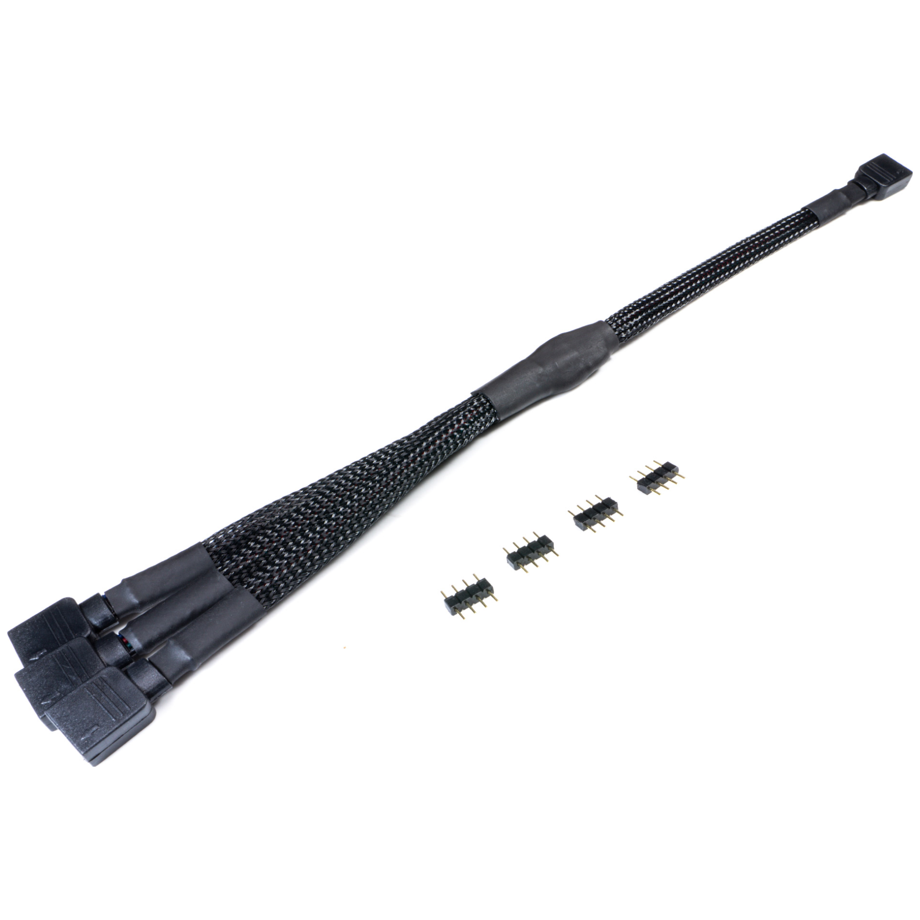 A large main feature product image of GamerChief 4-Pin 12V 3 in 1 RGB Splitter Sleeved (Black)