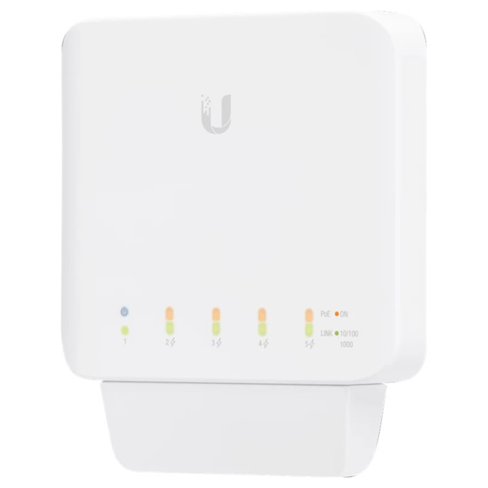 A large main feature product image of Ubiquiti USW Flex 5-Port 1GbE Layer 2 PoE Switch