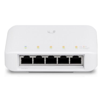 A large main feature product image of Ubiquiti USW Flex 5-Port 1GbE Layer 2 PoE Switch
