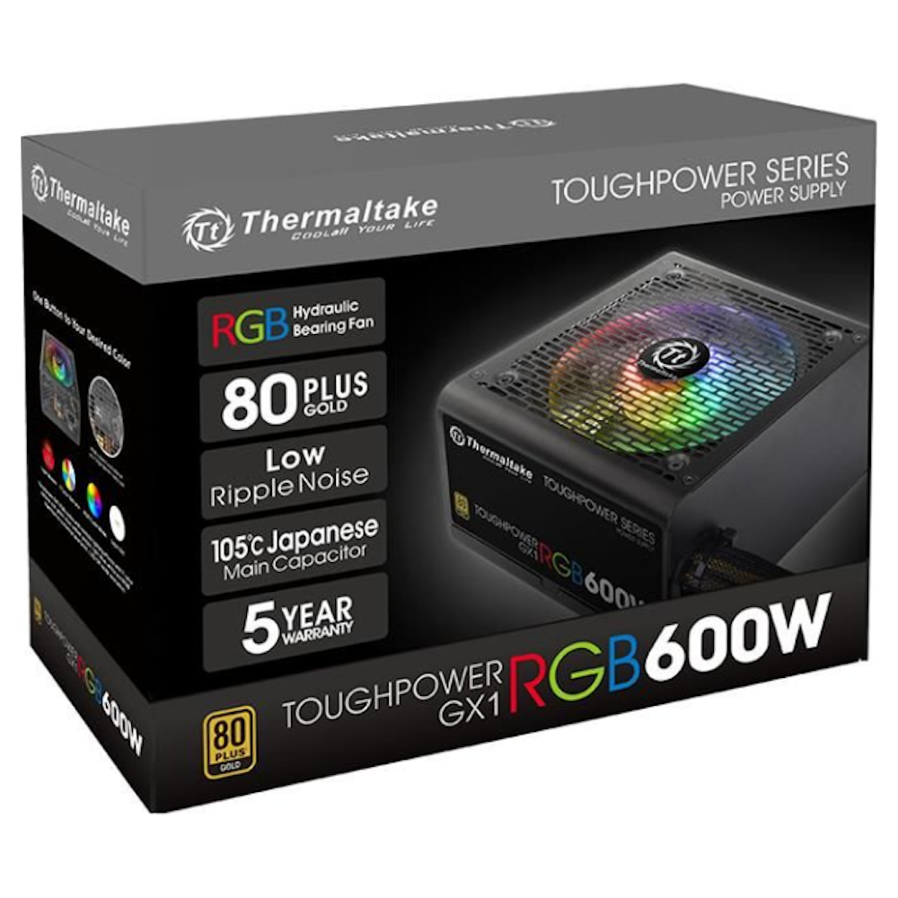 A large main feature product image of Thermaltake Toughpower GX1 RGB - 600W 80PLUS Gold ATX PSU