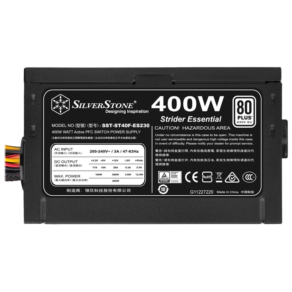 A large main feature product image of SilverStone Strider 400W 80PLUS ATX PSU