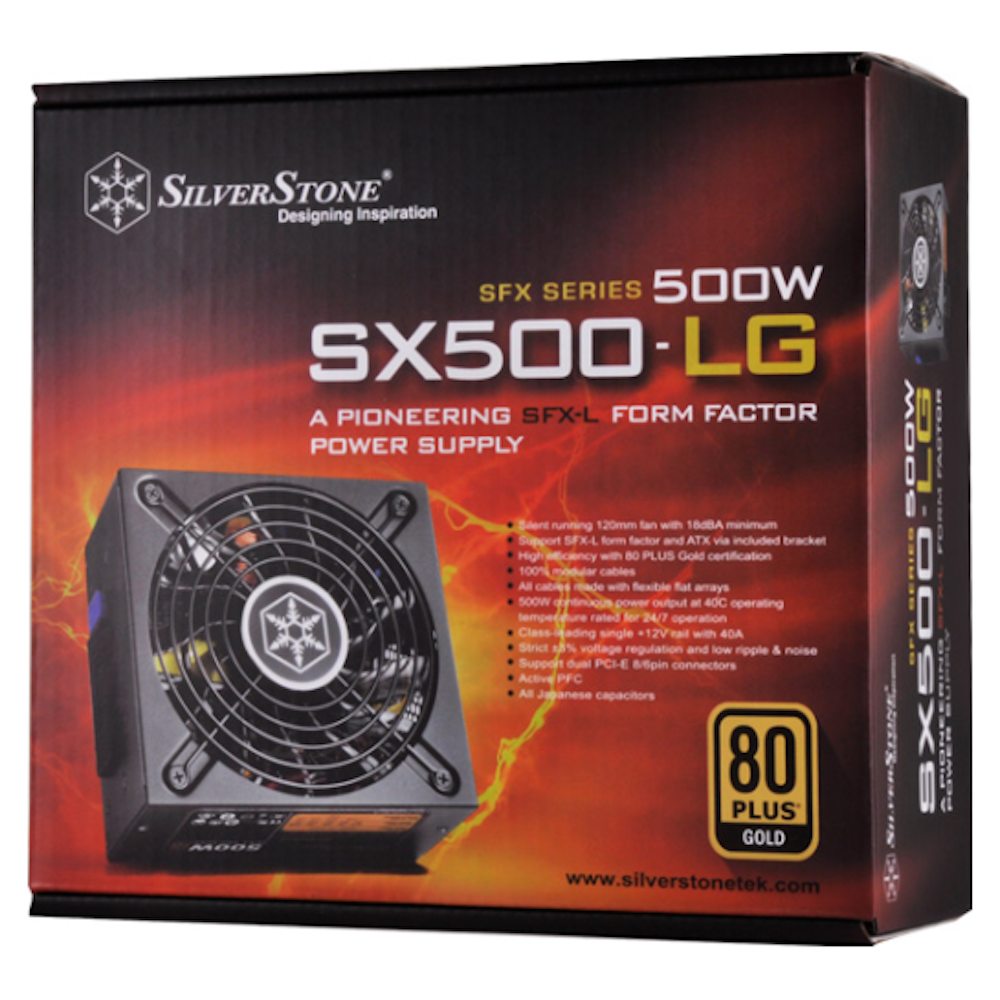 A large main feature product image of SilverStone SX500-LG V2.1 500W Gold SFX Modular PSU
