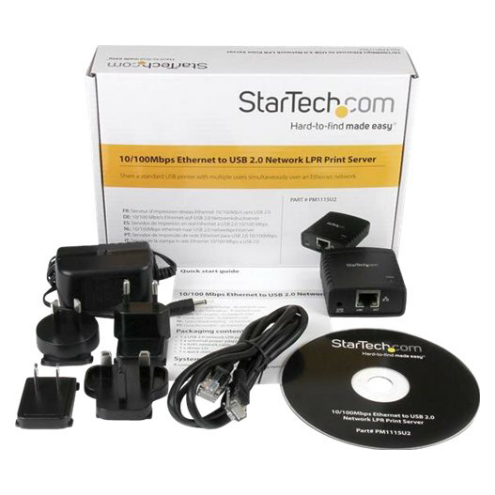 A large main feature product image of Startech USB LPR Print Server with 10Base-T/100Base-TX Auto-sensing