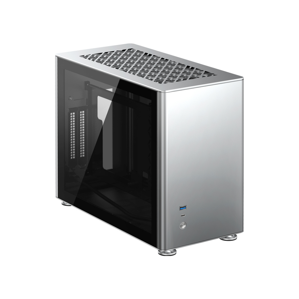 A large main feature product image of Jonsbo A4 Silver mITX Case w/Tempered Glass Side Panel