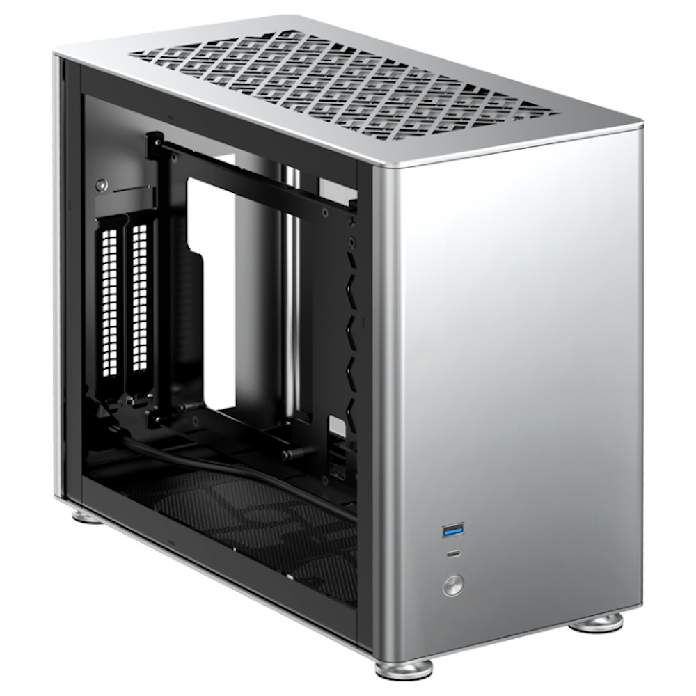 A large main feature product image of Jonsbo A4 Silver mITX Case w/Tempered Glass Side Panel