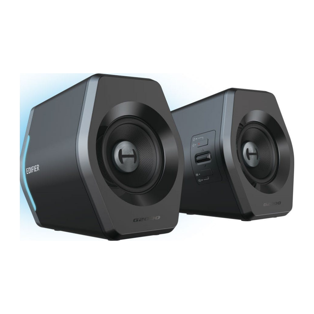 A large main feature product image of Edifier G2000 RGB Gaming Stereo Speakers (Black)