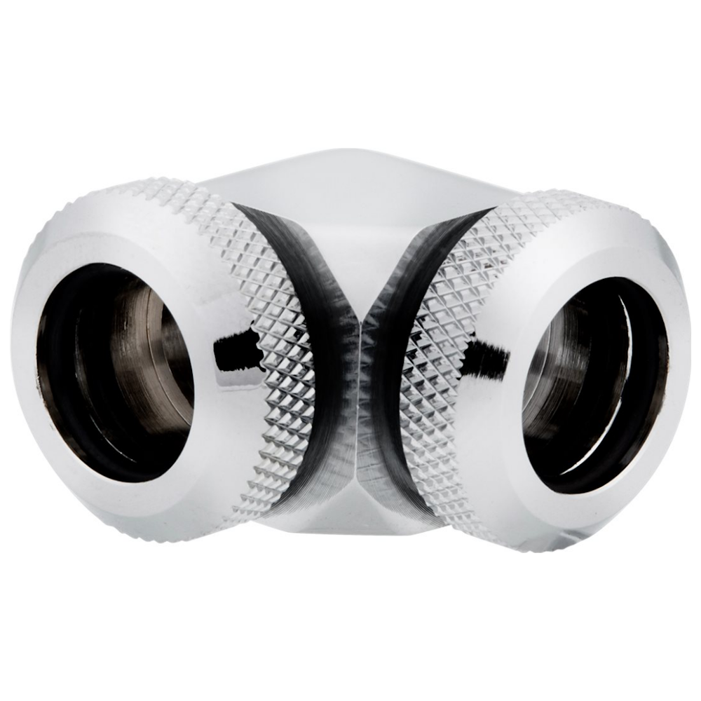 A large main feature product image of Corsair Hydro X Series XF Hardline 90° 12mm OD Fitting Twin Pack — Chrome